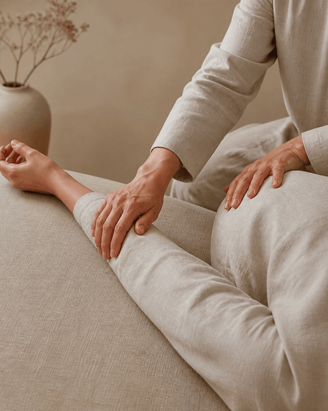 Warm editorial photograph of hands-on bodywork through linen